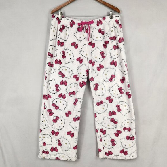 Sanrio Hello Kitty Fleece Pajama Pants Women's XL White Pink Drawstring Wide Leg - Picture 1 of 7